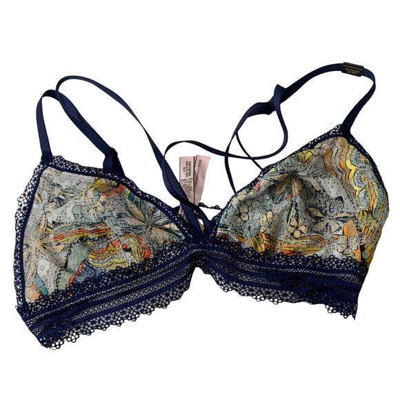 VICTORIA'S SECRET Sexy Strappy Tri Lace Bralette Bra Navy Boho Large Festival - Picture 1 of 4